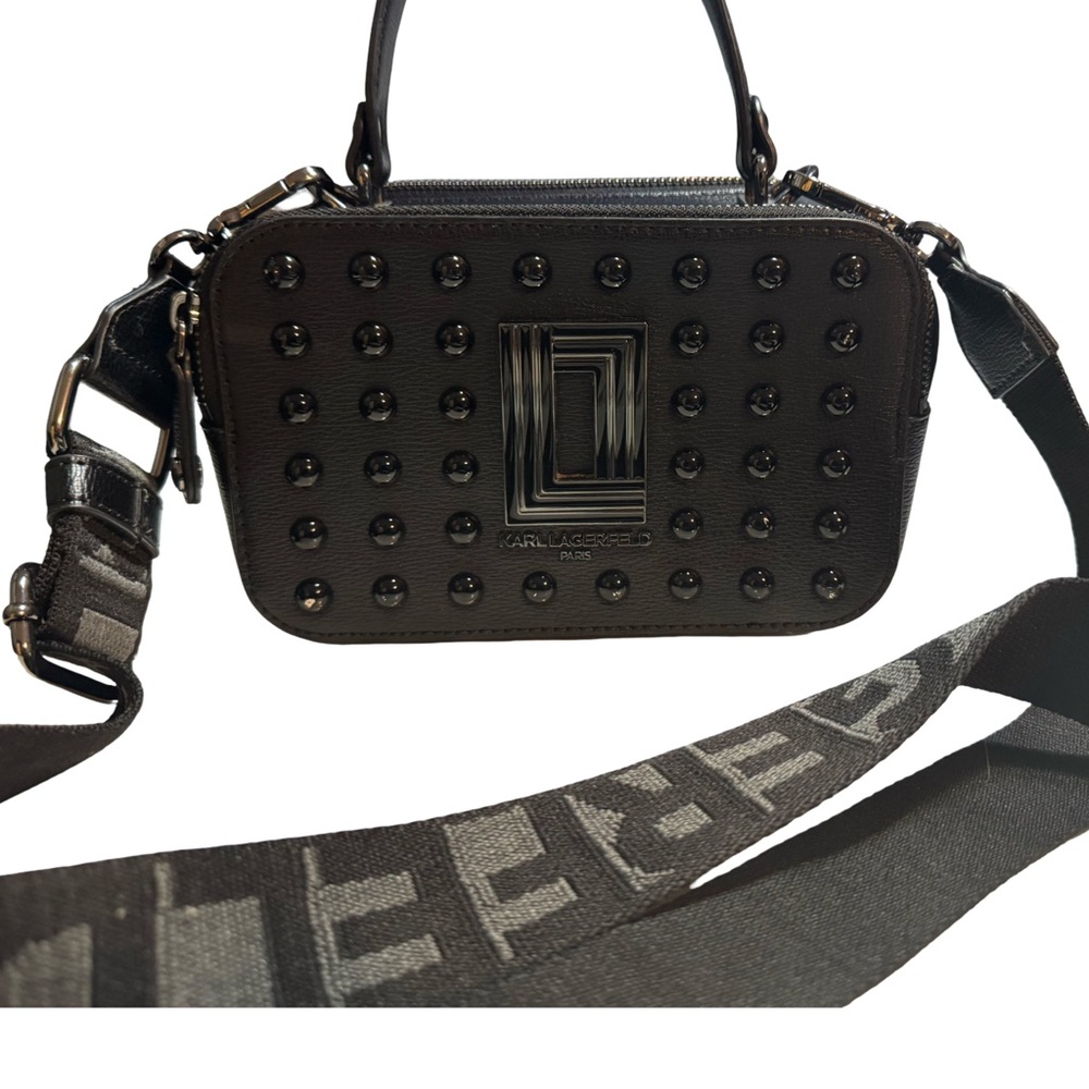 Karl Lagerfeld Black Studded Logo Camera Bag with Signature Strap
